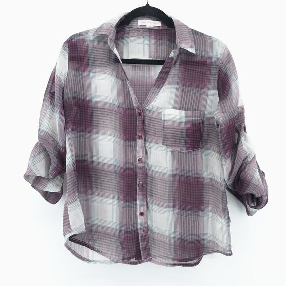 Band of Gypsies Boho Sheer Purple Plaid Tunic Blouse Roll Tab Sleeve Pocket M - Picture 1 of 10